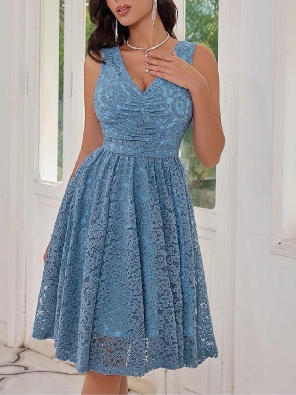 Blue Lace Sequin Fit & Flare Midi Dress Wedding Guest Formal